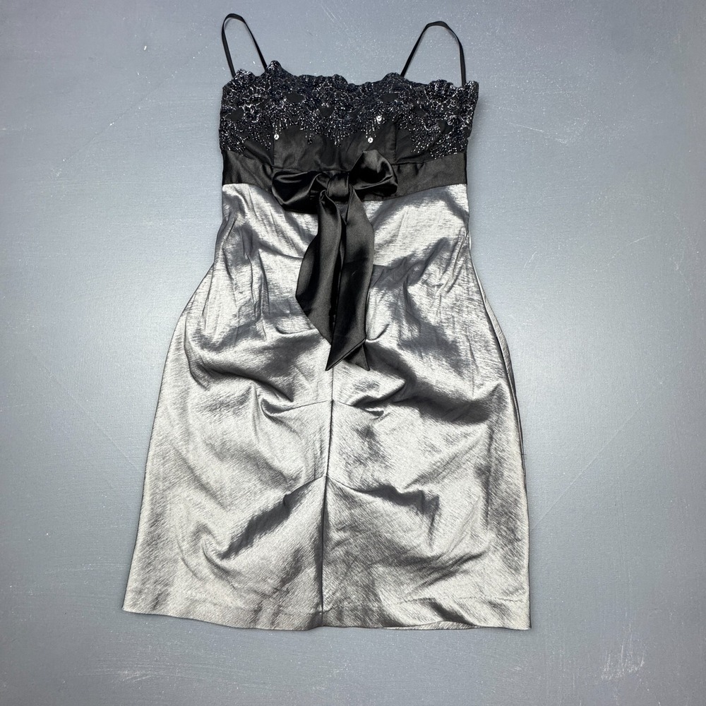 Blondie Nites Women's 4 Black Silver Satin Strapless Beaded Lace Formal Dress